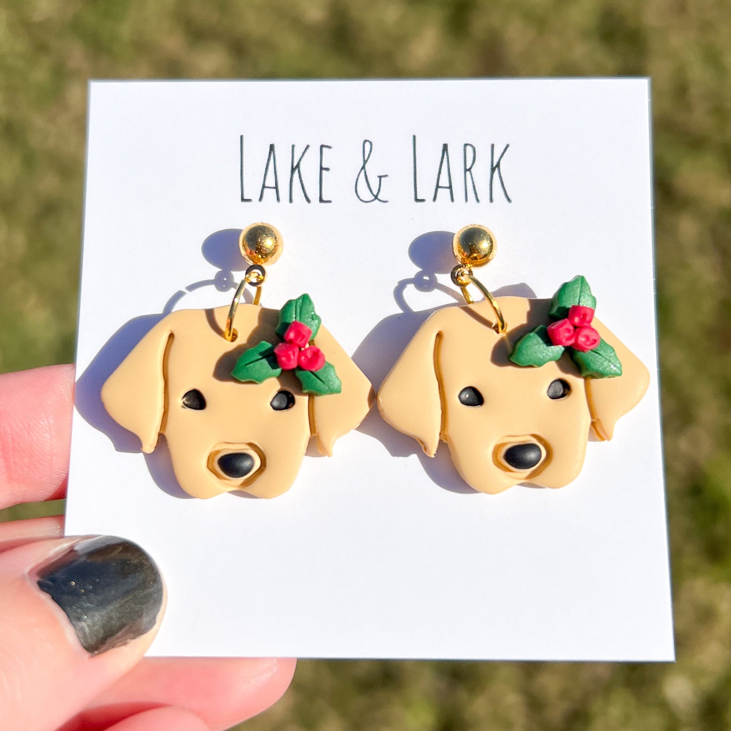 yellow lab dog christmas earrings holly berries