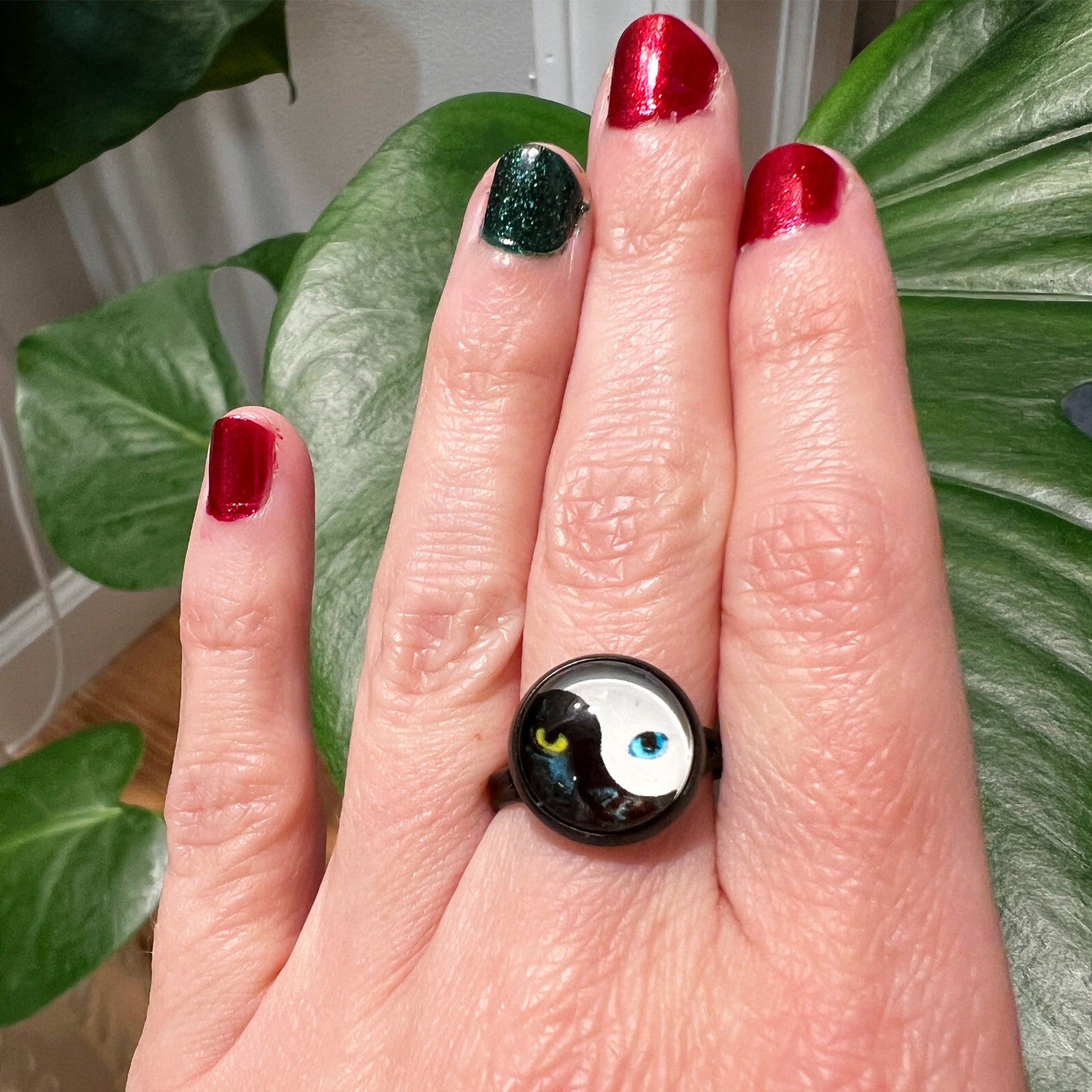 black white cat yin yang ring