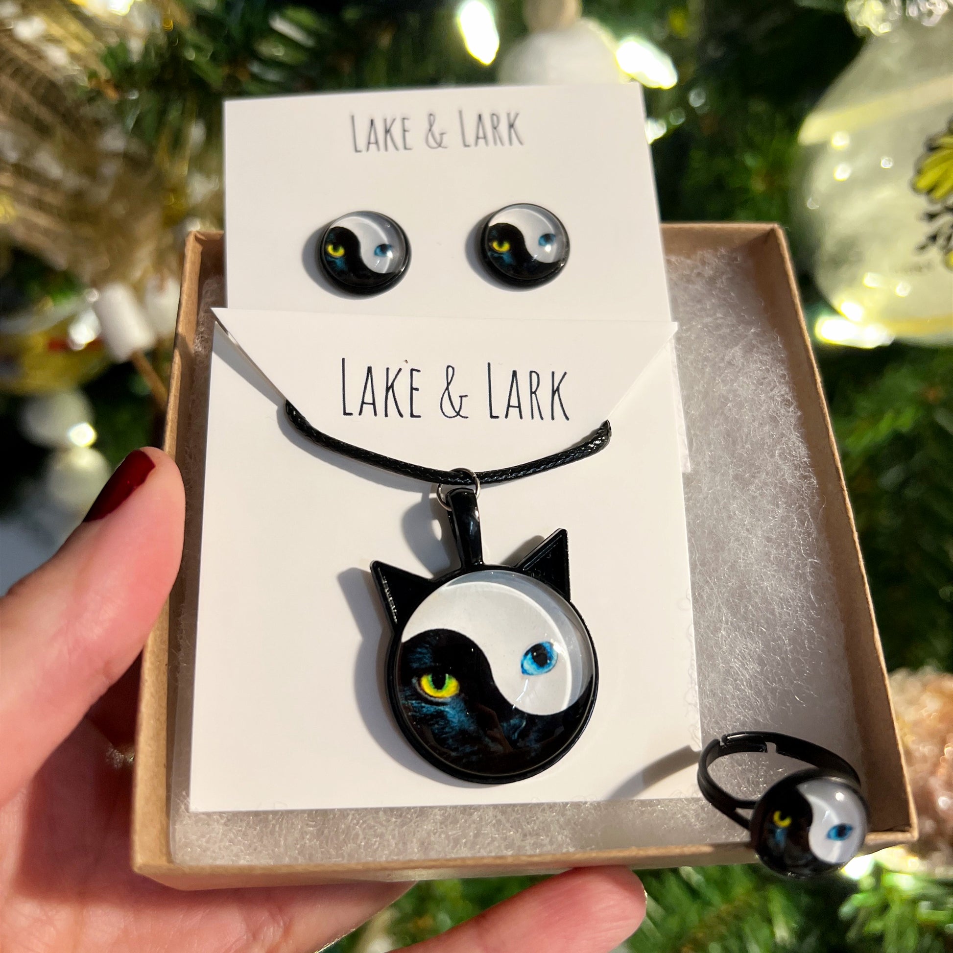 black white cat yin yang jewelry gift set