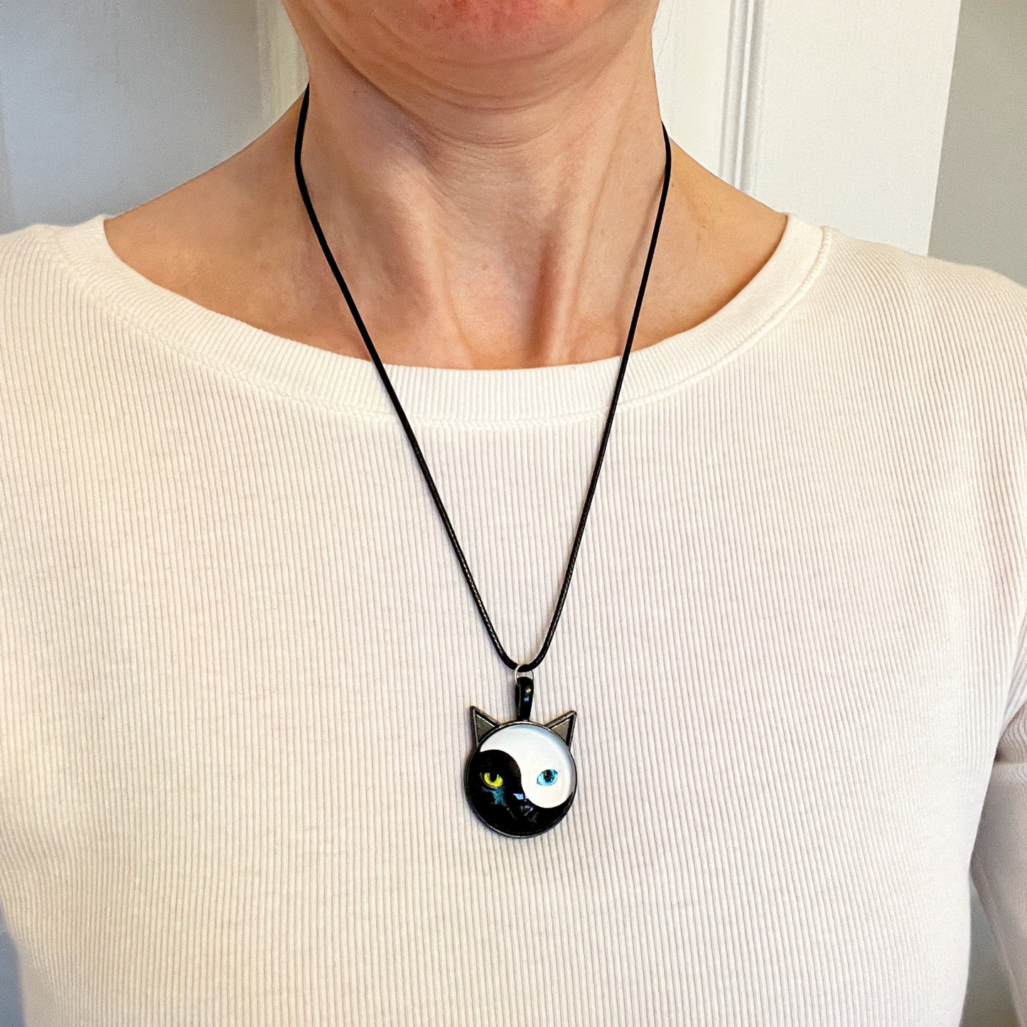 black white cat yin yang necklace